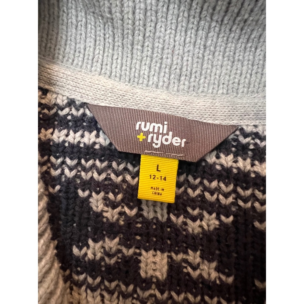 Rumi‎ Ryder Kids Gray Nordic Snowflake Fair Isle Collar Cardigan Sweater L 12-14 - Picture 3 of 6